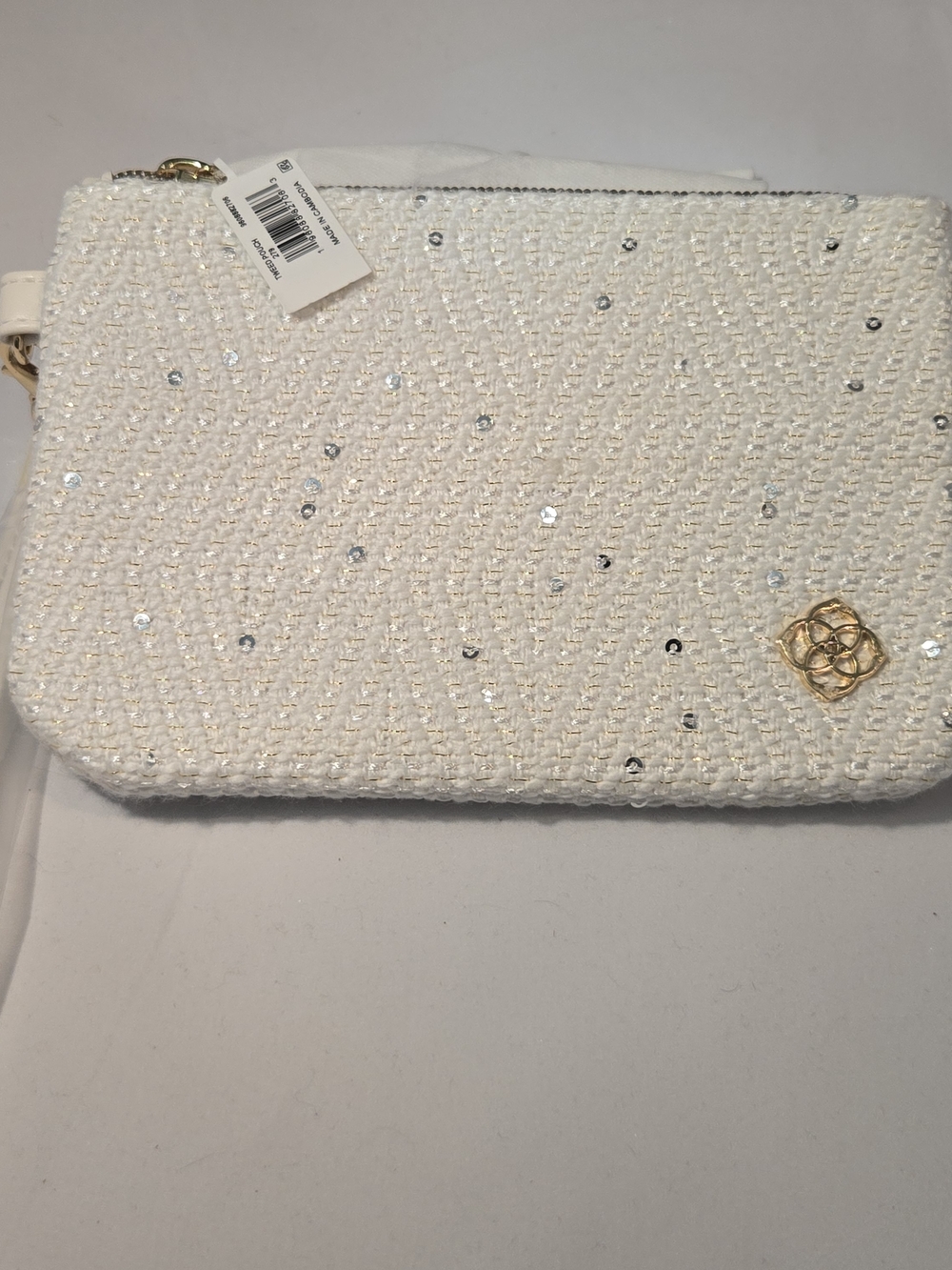 Kendra Scott White Tweed Wristlet Clutch with Gold Emblem